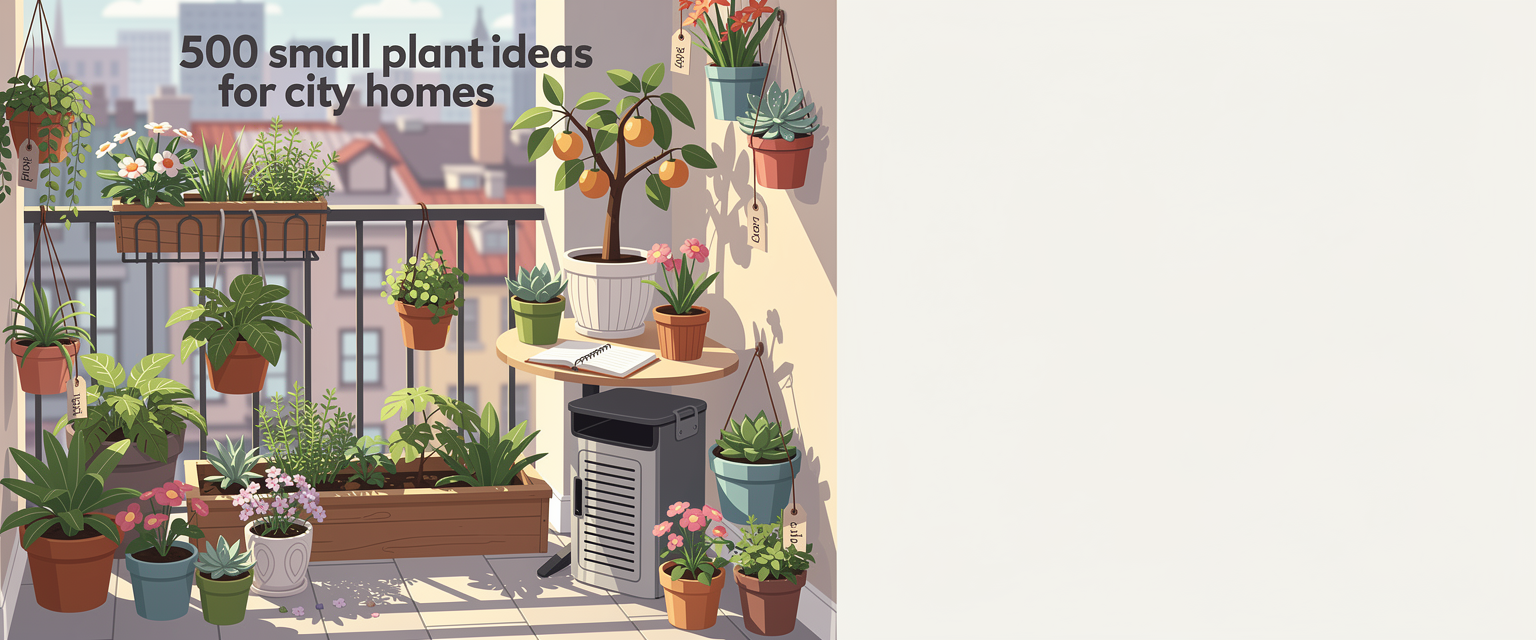 Ilustrasi 500 ide tanaman kecil untuk rumah kota untuk UG500 dengan tema urban garden dengan 500 ide tanaman pot, balkon, kompos, dan catatan pertumbuhan.