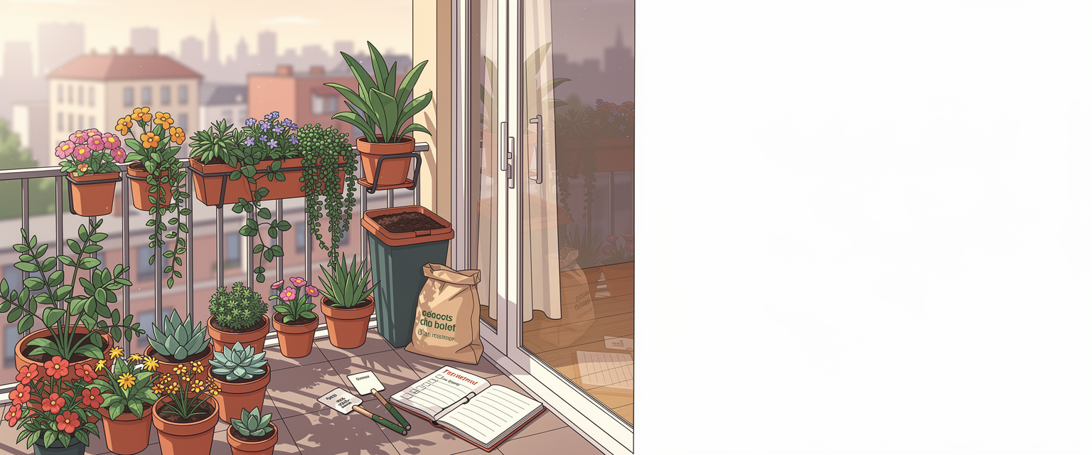 Ilustrasi tanaman balkon pemula yang mudah dirawat untuk UG500 dengan tema urban garden dengan 500 ide tanaman pot, balkon, kompos, dan catatan pertumbuhan.